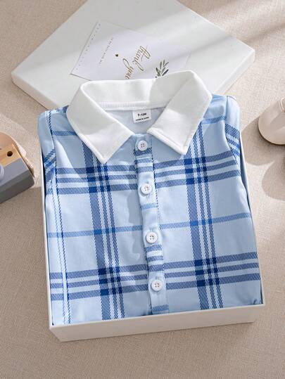 Souflis Souflis 法国新款男婴棕色短袖格子白领连体衣，适合派对、居家、外出等场合穿着。