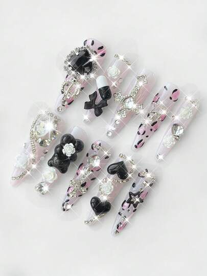 Anime 10 Pieces Of Cute Leopard Print Rose Bow Bear Star Element Handmade Fake Nail Pieces + 3 Pieces Of Double-Sided Tape, Y2K Cat Eye Removable And Reusable Long Almond-Shaped Wearing Armor, Suitable For Four-Season Festival Parties, Proms And Daily Wear.