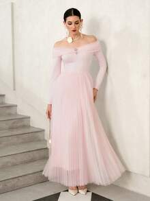 Elenzga 长袖网纱拼接珍珠水钻装饰优雅A字连衣裙，可爱收腰浪漫精致女士连衣裙，适合派对、婚礼宾客、音乐节、生日等场合 - 粉色 - 查看 5