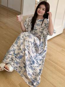 Dazy Plus 大码女式印花撞色蕾丝边宽松长款睡裙，春夏优雅睡衣 - 藍色 - 查看 8