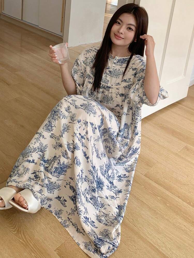 Dazy Plus Plus Size Women Floral Print Contrast Lace Trim Loose Long Nightgown, Elegant Sleepwear For Spring & Summer