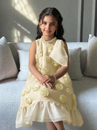 少女立领无袖碎花装饰时尚夏季连衣裙