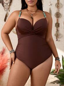Swim Lushoire 大码女式纯色V领可调节肩带连体泳衣 - 棕色 - 查看 7