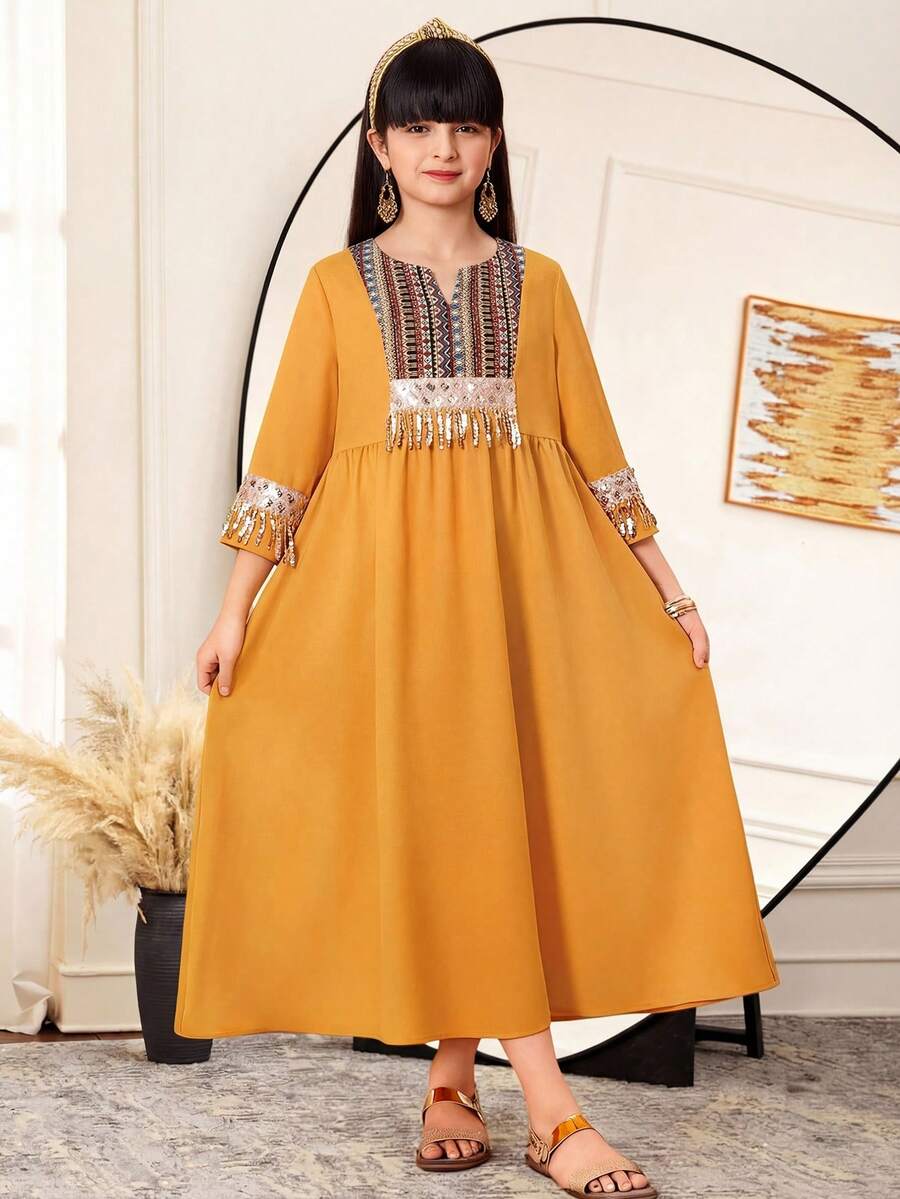 SHEIN Tween Girl Polyester Yellow Modest Midi Dress A Line Long Regular Sleeve Square Neck Geometric Pattern Zipper Casual,Kids - Yellow - View 1
