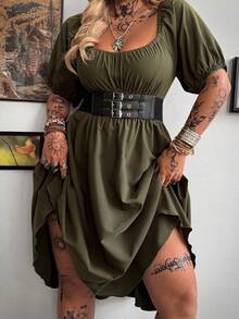 Whyspr Đầm midi tay ngắn màu xanh rêu quân đội cỡ lớn, kiểu dáng tối giản, phù hợp cho việc đi làm. - xanh quân đội - Xem 5