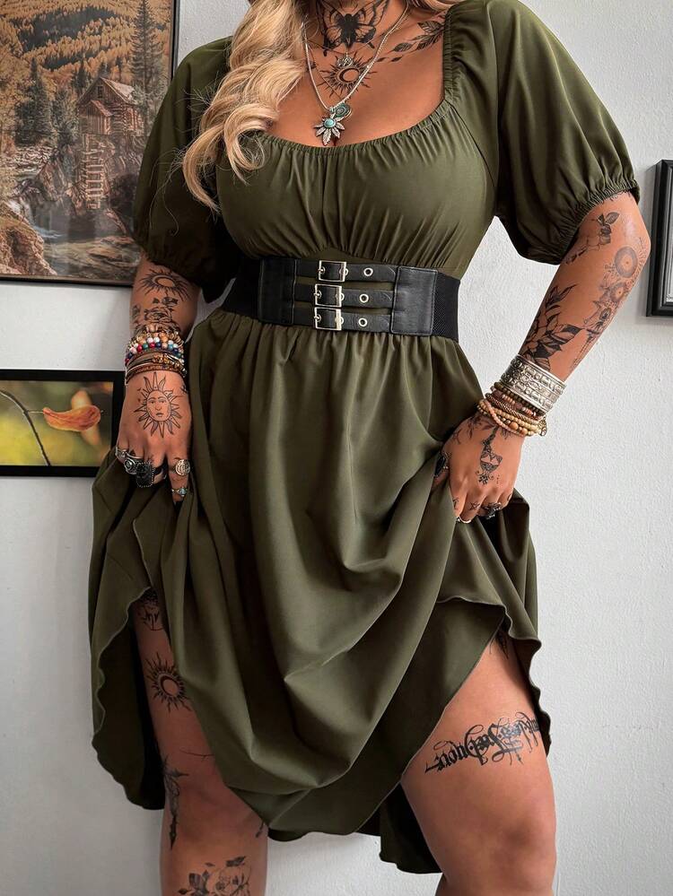 Whyspr Plus Size Army Green Short Sleeve Casual Minimalist Midi Dress, Suitable For Commuting - Army Green - View 5