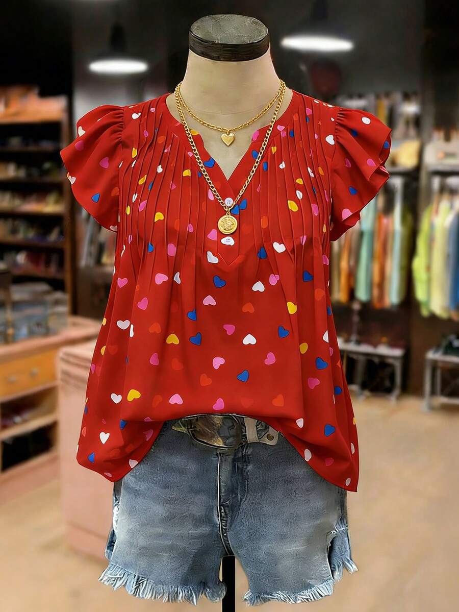 Linhara Plus Size Women's Heart Print V-Neck Puff Sleeve Ruched Decor Casual Elegant Fashion French Romantic Date Versatile Sweet Blouse, Spring/Summer - Multicolor - View 1
