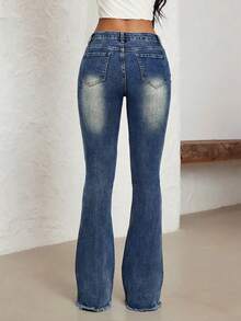 Jeanoix Plus Size Low Rise Flare Leg Jeans With Large Sun Symbol Button - Dark Wash - View 2