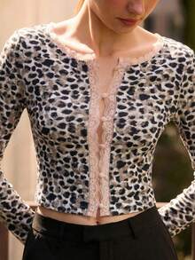 lacRébo Áo dài tay họa tiết da báo với viền ren hồng và khuy cài, trang phục mùa thu cho nữ, trang phục mùa thu đông. - Nhiều màu - Xem 1