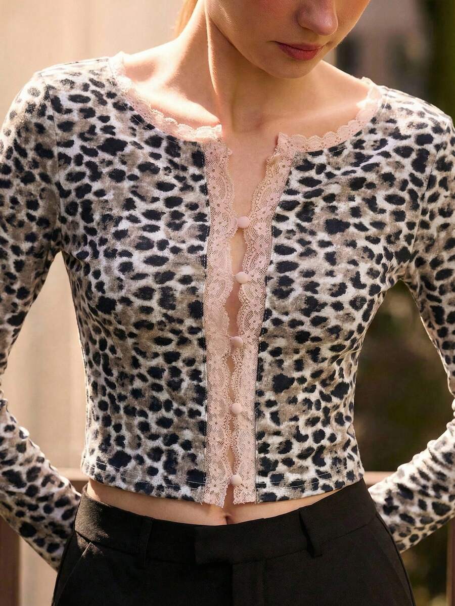 lacRébo Áo dài tay họa tiết da báo với viền ren hồng và khuy cài, trang phục mùa thu cho nữ, trang phục mùa thu đông. - Nhiều màu - Xem 1