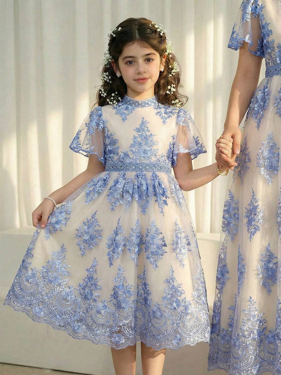 SHEIN 少女优雅奢华公主裙，精致刺绣花卉装饰，立领喇叭袖，收腰A字裙摆，华丽公主裙 - 杏色 - 查看 1