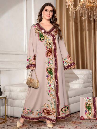 SHEIN Najma Plus Size Women's Cashew Flower Geometric Faux Embroidery Print V-Neck Long Sleeve Elegant Arabic Maxi Dress, Spring/Summer