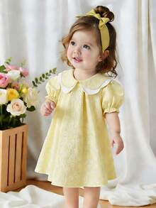 SHEIN Vintaside Kids 1pc Baby Girls Yellow Summer Elegant Fiesta Noche Dress,Jacquard Textured Reversible Collar A-Line Short Sleeve Casual Versatile Dress For Outings - Multicolor - View 4