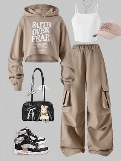 SHEIN Sparklyn 3pcs/Set Casual Collegiate Style Outfit For Teens: White Letter Print Hoodie Sweatshirt, Minimalist Suspender Pants With Pockets, Suitable For School, Travel, Commute, Can Be Paired With Jacket, Vest