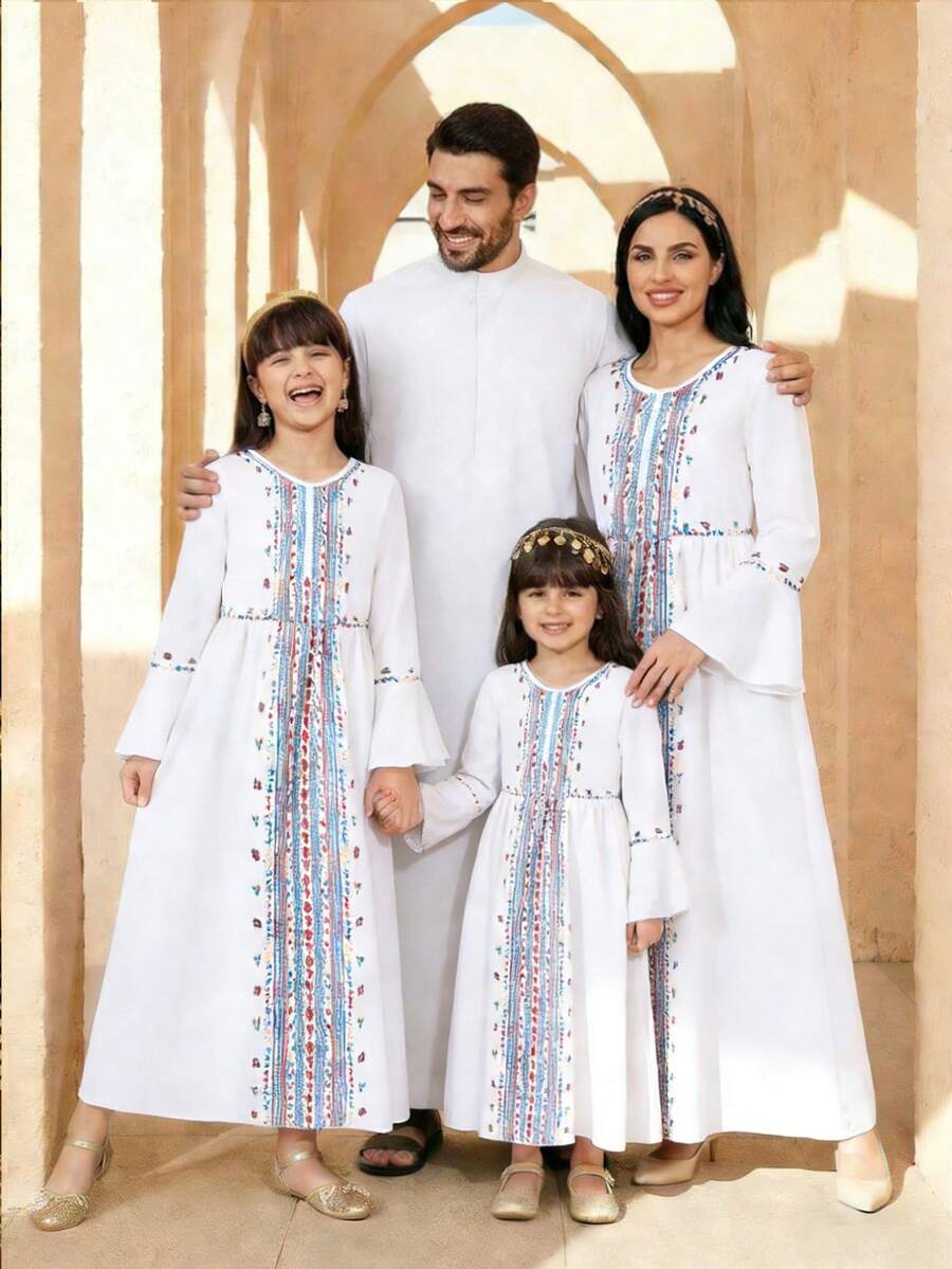 Young Girl' Traditional Cute Minimalist Round Neck Long Sleeve Pleated Dress, Suitable For Holidays, Spring/Summer - White - View 1