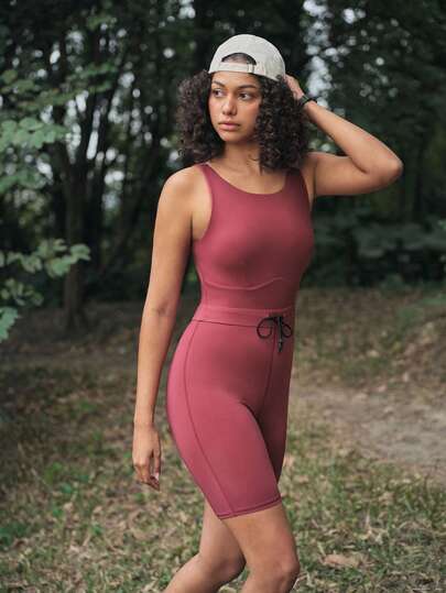 Exploreva 女士露背抽绳腰身玫瑰色连体裤，适合运动和户外活动