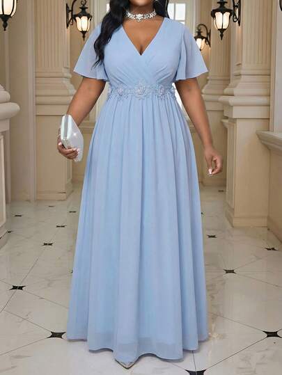 SHEIN Lady Vestido elegante plus size feminino com decote em V, mangas bufantes e aplique na cintura.