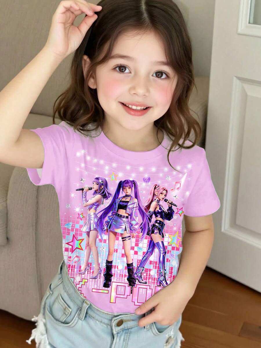 SHEIN Cartoon Girl Dopamine Print, K-Pop Superstars Graphic Round Neck Short Sleeve T-Shirt, Suitable For Summer - Multicolor - View 1
