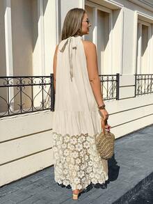 加大码无袖拼接连衣裙，杏色，花卉蕾丝饰边，适合度假和日常穿着 - 杏色 - 查看 2