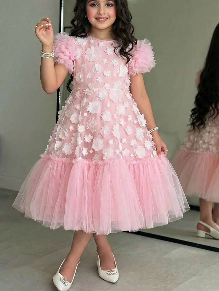 SHEIN Tween Girl Woven Mesh Floral 3D Ruffle Hem Casual Dress