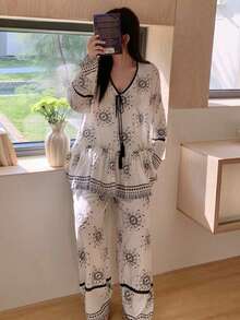 Dazy Plus 2pcs/Set Elegant Floral Print Loose Fit Pullover Top And Straight Leg Pants Pajama Set, Plus Size Women Spring/Autumn - White - View 4