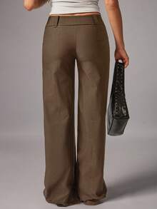 Avenya Casual Commuter Loose Solid Color Pants With Eyelet Lace-Up - Brown - View 5
