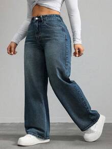 SHEIN CURVE+ Plus Size Women Casual Loose Fit Denim Wide Leg Pants - Dark Wash - View 6