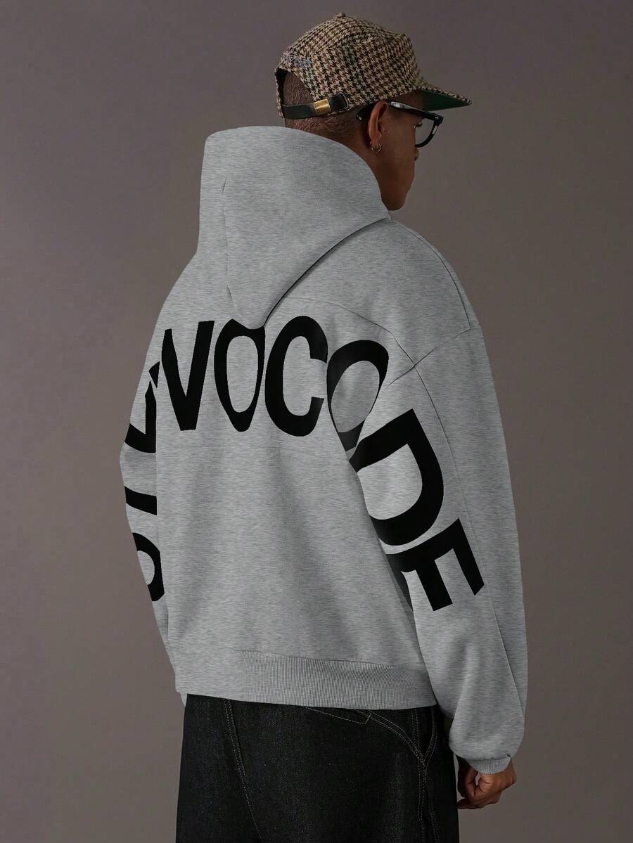 STYNVO 男士休闲字母印花连帽衫,秋冬街头风连帽衫,图案连帽衫,男士灰色连帽衫,男士短款连帽衫 - 灰色 - 查看 1