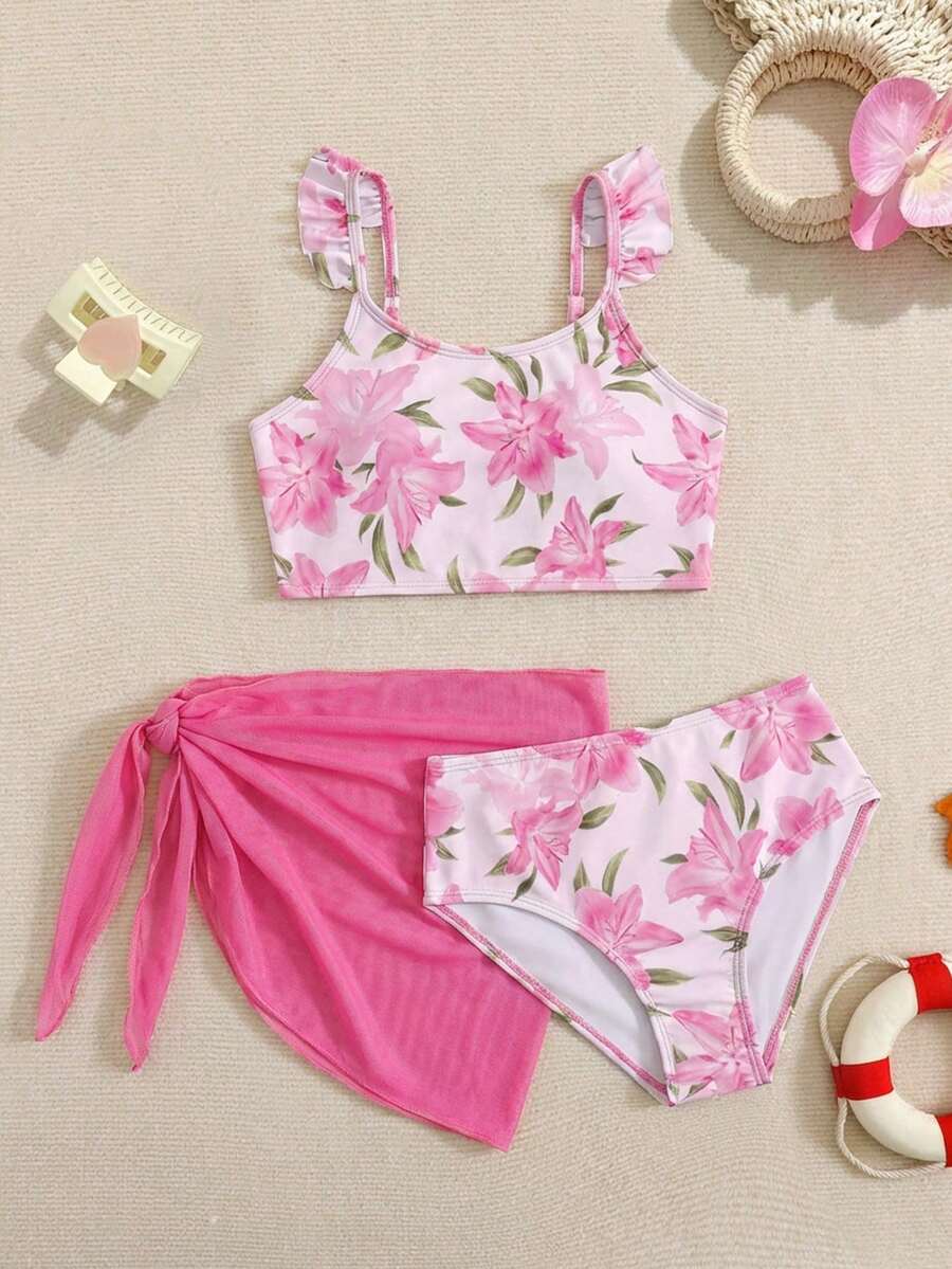 SHEIN 女童碎花荷叶边比基尼套装，含沙滩罩衫 - 粉色 - 查看 1