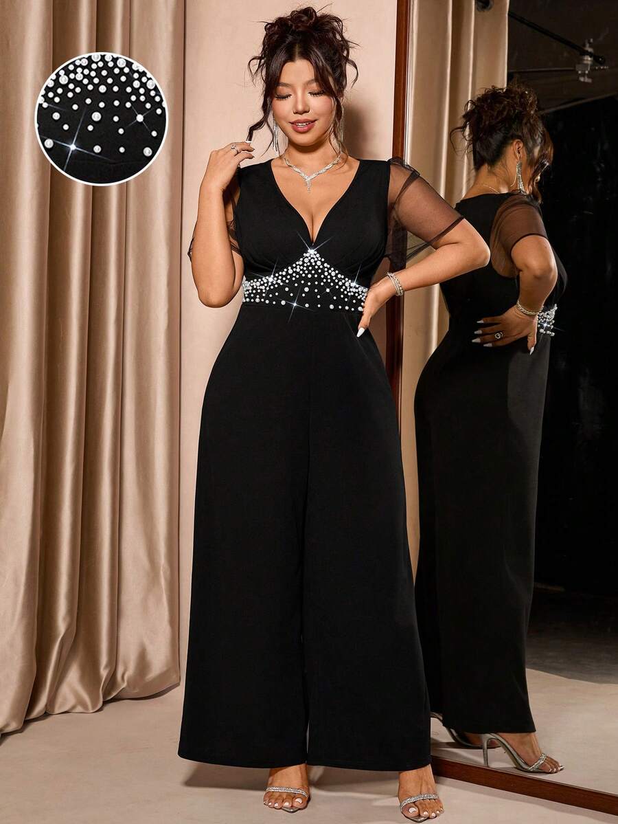 Cravure 大码女式珍珠装饰网纱拼接短袖阔腿优雅连体裤 - 黑色 - 查看 1