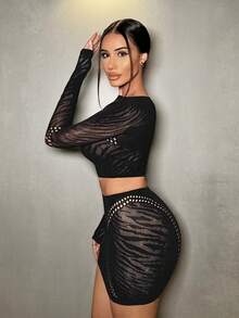 VaVaBold Summer Sexy Hollow Out Crop Top + Mini Skirt 2-Piece Suit Fall Cloth For Women - Black - View 5