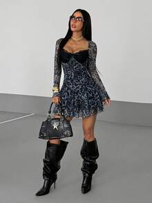StreetHx 复古性感束腰长袖豹纹网纱撞色蕾丝露背迷你连衣裙，街头风，秋冬款 - 藍色 - 查看 3