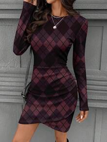 SHEIN LUNE Autumn Long Sleeve Ruched Waist Tight Fitted Elegant Ribbed Short Dress For Women, Autumn/Winter,Plaid Dress Spring,Casual - Purple - View 5