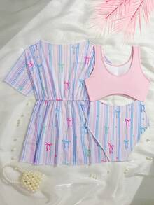 SHEIN 1pc Tween Girls Cute Printed Patchwork One-Piece Swimsuit With Cover-Up - Multicolor - View 2