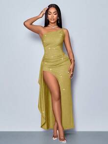 SOLERSUN Suitable For Christmas Party Vacation & Dating & Valentine's Day Dating Bright Red Asymmetrical Shoulder Straps High Side Slit Ruffle Trim Sparkly Long Dress For New Year Clothes Maxi Women Outfit Slit Dress Vegas Dress Sexy Vacation Dress Green Sparkly Dress Cruise Dress - Mustard Yellow - View 5