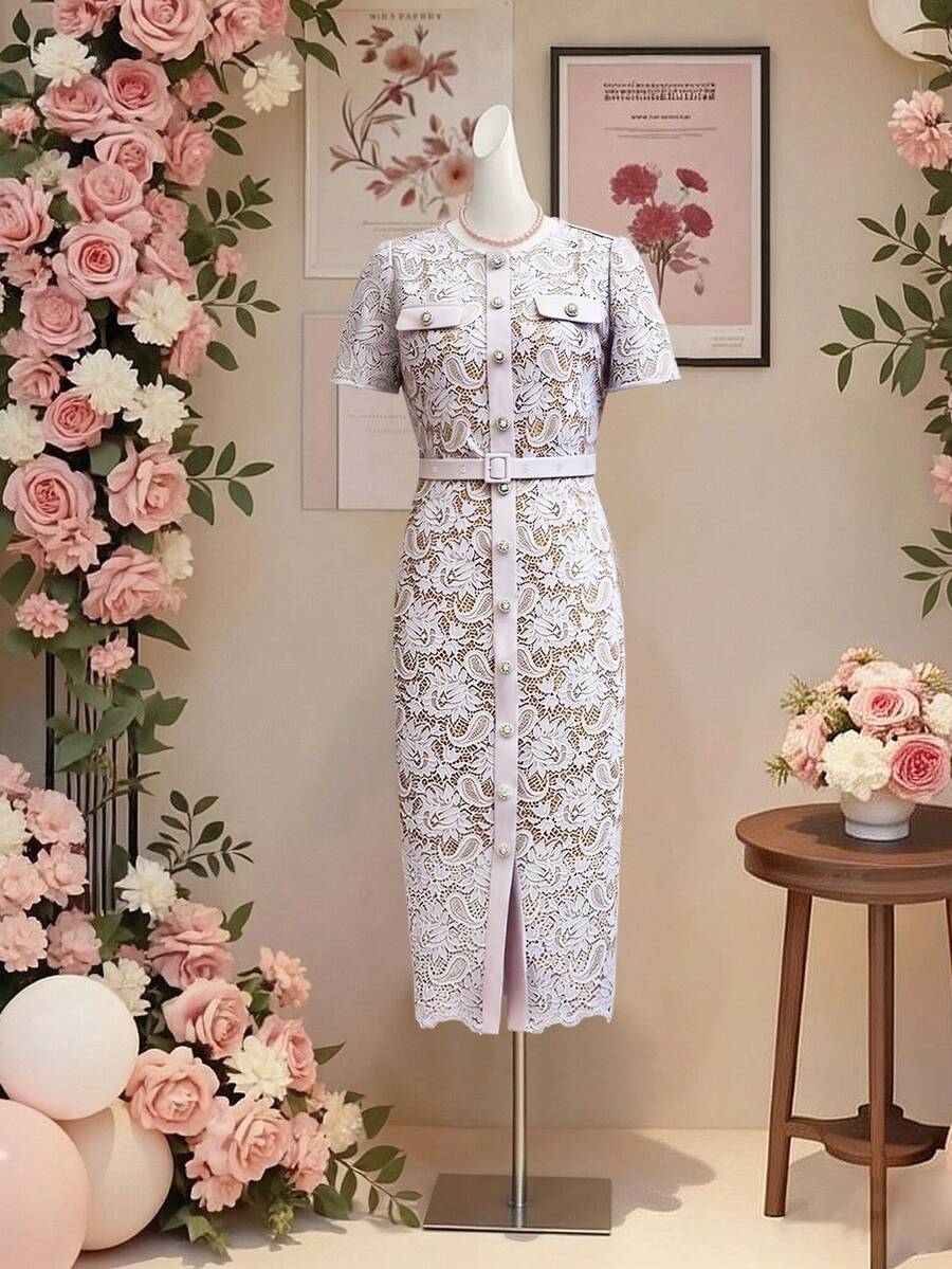 Franclia Women's Lace Patchwork Solid Color Front Button Belted Short Sleeve Midi Dress - Mauve Purple - View 1