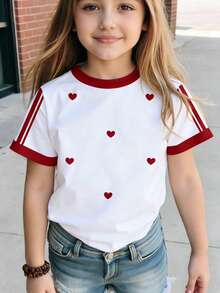 1件装少女休闲时尚创意个性清新可爱简约爱心条纹印花基础款短袖T恤，舒适百搭，适合情人节氛围，白色T恤，适合春、夏、秋、冬四季穿着。 - 彩色 - 查看 2