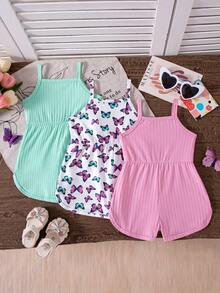 SHEIN 3件套女婴夏季休闲纯色罗纹连体衣，蝴蝶印花，3D蝴蝶结装饰，无袖 - 彩色 - 查看 2