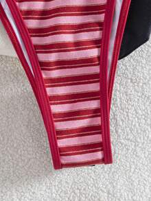 Swim Mod 2pcs Women Striped Jacquard Fabric Halter Tie Micro Triangle Bikini Top And Adjustable High Cut Triangle Bikini Bottom Swimsuit Set - Red - View 5