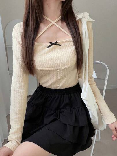 FRIFUL Solid Color Tie-Up Drawstring Long Sleeve 2 In 1 Bow Decor Textured Fabric Casual Versatile T-Shirt Spring