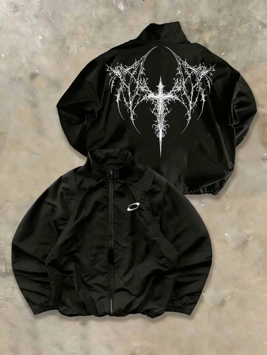 Sport MetroGents Chaqueta deportiva casual de hombre con estampado de cruz, cuello alto y cremallera, para otoño - Negro - Ver 1