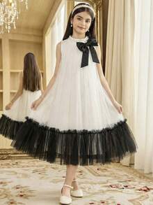 Serisse Kids Vestido de línea A sin mangas con cuello alto, decoración de perlas y contraste blanco y negro elegante para niña preadolescente - Blanco y Negro - Ver 7