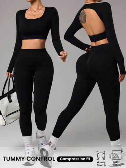 Dewbera Seamless Knit Scoop Neck Backless Long Sleeve Cropped Top + High Waist 7/8 Leggings Women's Workout Set, Suitable For Yoga, Fitness, Exercise, And Casual Wear