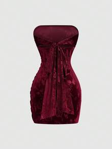 Sweetra 大码褶皱腰身印花紧身迷你连衣裙 - 酒紅色 - 查看 2