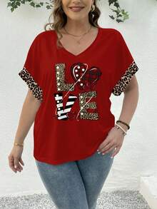 EMERY ROSE 复古豹纹印花爱心图案休闲宽松大码女式短袖T恤，适合情人节派对 - 彩色 - 查看 4