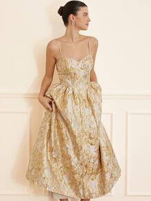 BELROSIE Robe camisole midi plissée élégante à taille cintrée en jacquard pour soirée - Multicolore - Voir 3
