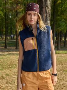 SHEIN In My Nature Women's Color Block Fuzzy Zip Front Pockets Casual Versatile Daily Outdoor Vest Jacket - Blue - View 4