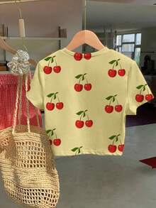 女士樱桃印花黄色圆领休闲短袖T恤 - 黃色 - 查看 2