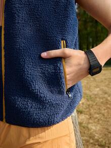 SHEIN In My Nature Women's Color Block Fuzzy Zip Front Pockets Casual Versatile Daily Outdoor Vest Jacket - Blue - View 6