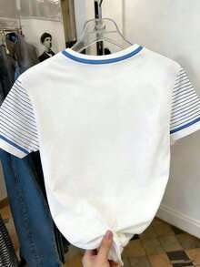 Resyla Áo thun nữ kiểu dáng thường ngày in chữ, kẻ sọc, phối màu, cổ tròn, tay ngắn, phù hợp mặc hàng ngày. - Màu xanh bụi bặm - Xem 2